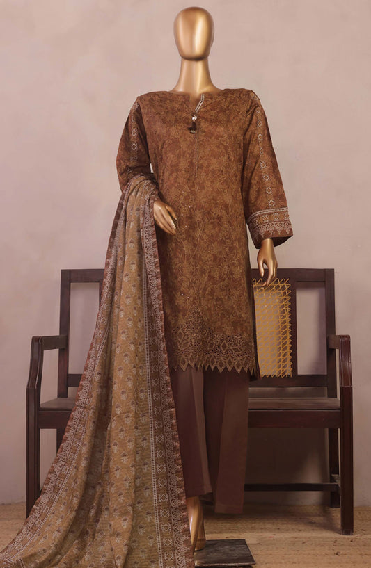 Aashkaaar by HZ Textile Embroidered Lawn Stitched 3 Piece Suit - PEC-101 Rust Brown - HZ25ASHV3 - Brown - Summer Collection