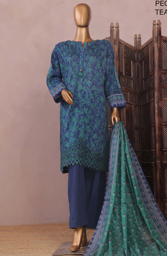 Aashkaaar by HZ Textile Embroidered Lawn Stitched 3 Piece Suit - PEC-102 Teal Blue - HZ25ASHV3 - Blue - Summer Collection