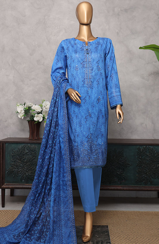 HZ Textile Embroidered Lawn Unstitched 3 Piece Suit - PEC-507 - HZ25PECV3 - Blue - Summer Collection