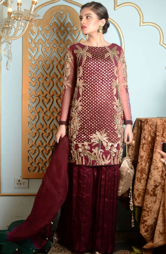 Hues Atelier Embroidered Zardozai 3 Piece - Plum Haute - HA25LF - Purple - Festive Collection