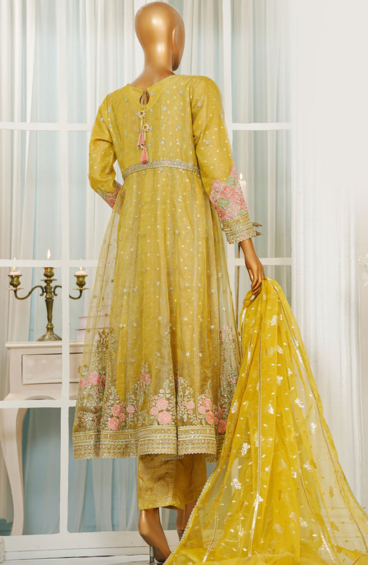 Jashn by HZ Textile Embroidered Zarri Net Stitched 3 Piece Suit - HZK-208 Yellow - HZ25JFF - Yellow - Wedding Collection