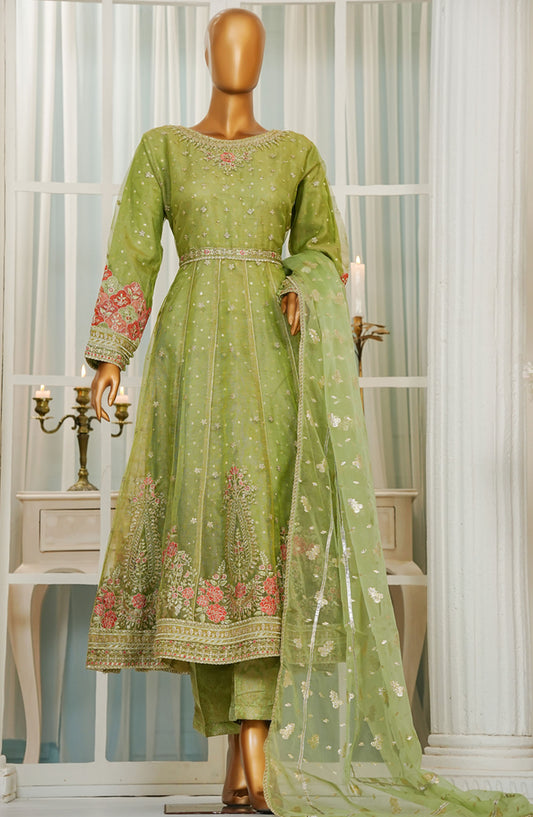 Jashn by HZ Textile Embroidered Zarri Net Stitched 3 Piece Suit - HZK-208 Green - HZ25JFF - Green - Wedding Collection
