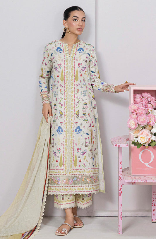 Qalamkar Embroidered Lawn Unstitched 3 Piece Suit - EM-09 A Hazel - Q25QLMP - Off White - Summer Collection