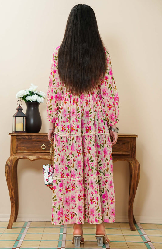 Quadra Floral by Amna Khadija Printed Lawn Stitched 1 Piece Frock - QFLD-12 - AM25QFL - Pink - Casual Collection