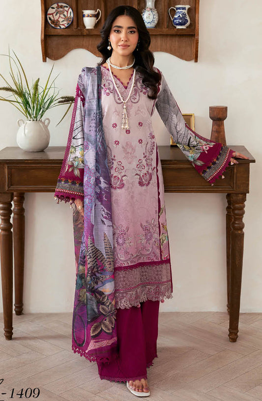 Mashaal by Ramsha Embroidered Lawn Unstitched 3 Piece Suit - Z-1409 - RM25MSHV14 - Magenta - Summer Collection