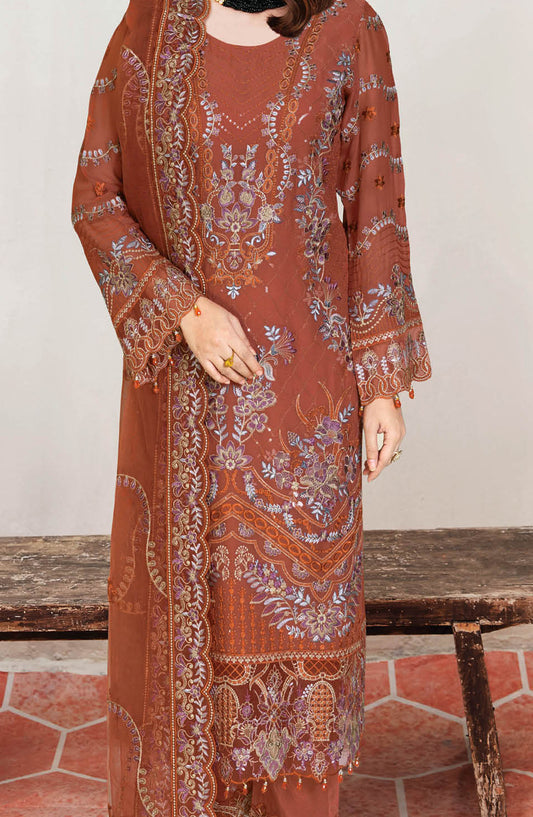 Sangeet by Ramsha Embroidered Chiffon Unstitched 3 Piece Suit - B-210 - R25CCV2 - Rust - Festive Collection