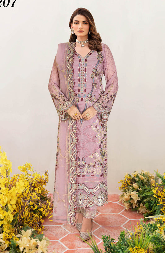 Sangeet by Ramsha Embroidered Chiffon Unstitched 3 Piece Suit - B-207 - R25CCV2 - Pink - Festive Collection