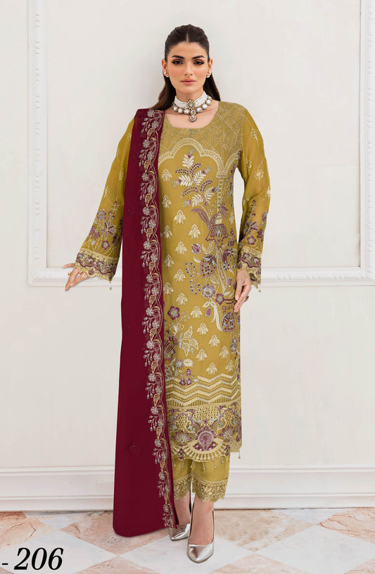 Sangeet by Ramsha Embroidered Chiffon Unstitched 3 Piece Suit - B-206 - R25CCV2 - Mustard - Festive Collection