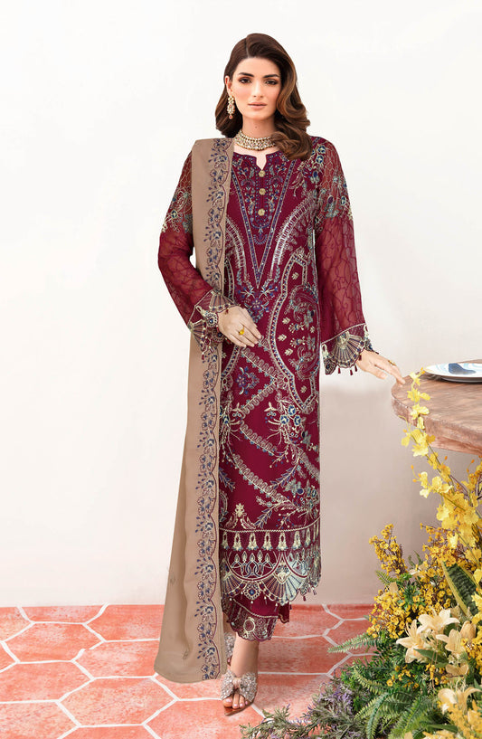 Sangeet by Ramsha Embroidered Chiffon Unstitched 3 Piece Suit - B-203 - R25CCV2 - Maroon - Festive Collection