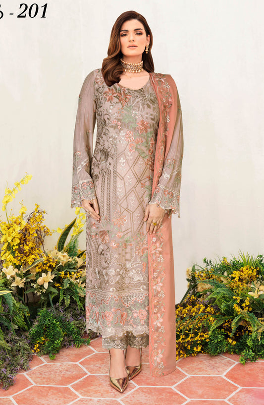 Sangeet by Ramsha Embroidered Chiffon Unstitched 3 Piece Suit - B-201 - R25CCV2 - Grey - Festive Collection