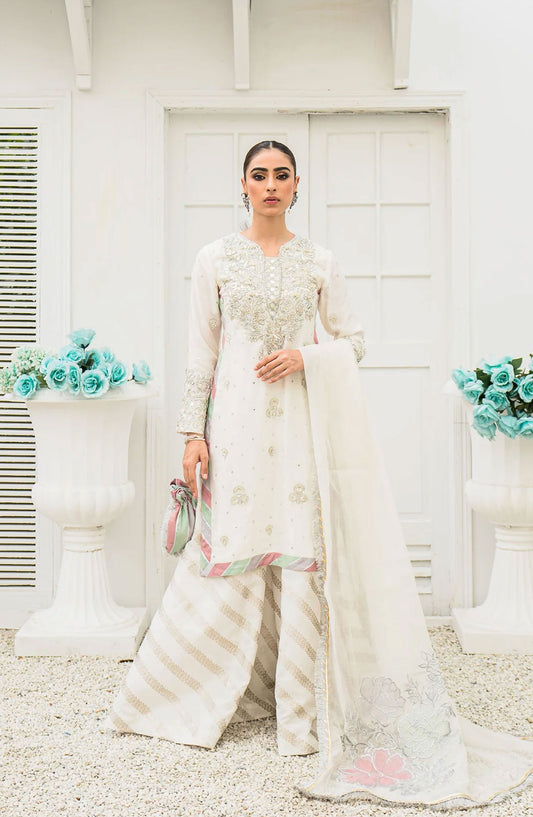Hues Atelier Embroidered Raw Silk 3 Piece - Rania - HA25LF - White - Festive Collection