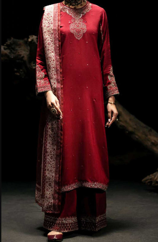 Boutique by Casual lite Embroidered Cotton Silk Stitched 3 Piece - Red Ensemble - CL25B2 - Red - Festive Collection