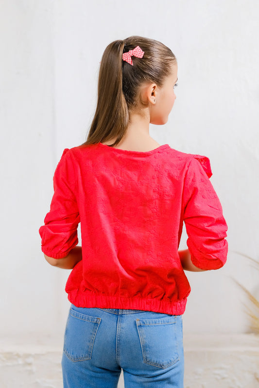 Kids Shirts & Tops - Red Ruffle Quarter-Sleeve Top