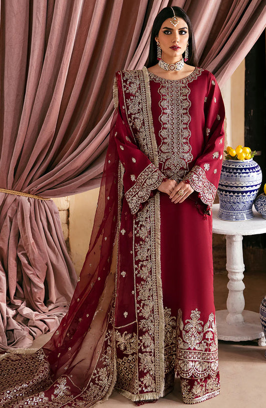 Jahan by Saad Shaikh Embroidered Raw Silk Unstitched 3 Piece Suit - RAQS - Red - Summer Collection