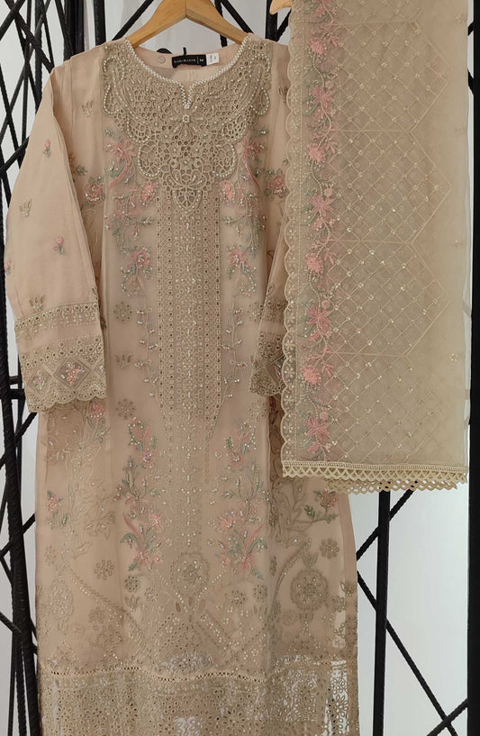 Sadabahar Embroidered Organza Stitched 3 Piece Suit - SD 4 A - SD25EOF - Fawn - Festive Collection