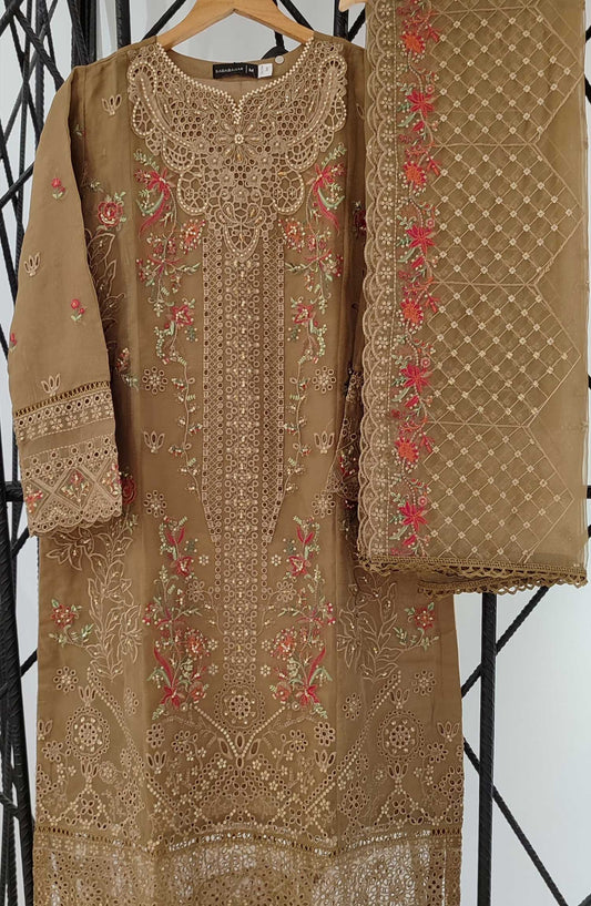 Sadabahar Embroidered Organza Stitched 3 Piece Suit - SD 4 B - SD25EOF - Beige - Festive Collection