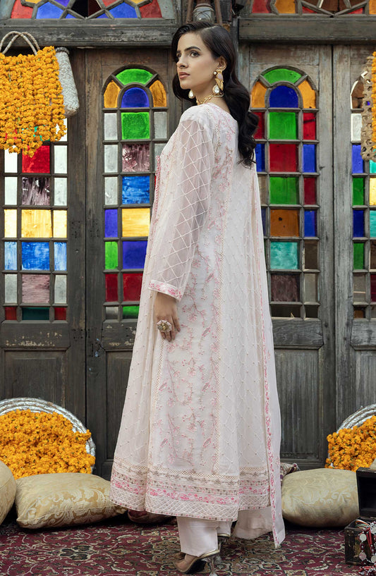 Shamooz Embroidered Chiffon Stitched 3 Piece - SEM-0777 Daisy White - White - Festive Collection