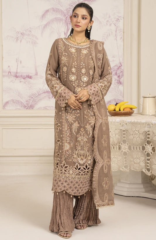 Aaraish by Diara Embroidered Chiffon Stitched 3 Piece Suit - SF-14 ZAMURD - DC25AA - Brown - Formal Collection