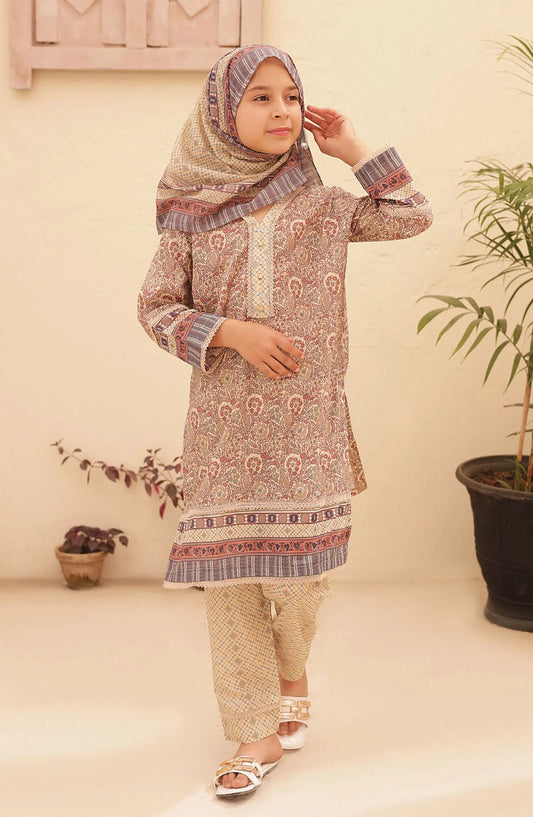 Shifa Kids Printed Lawn Stitched Collection Vol 05 - SH 2427 K  khaki