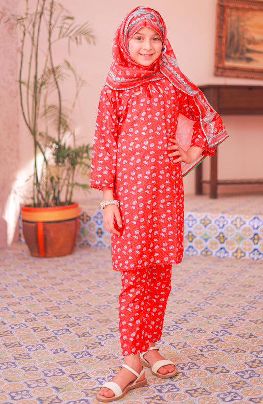 Shifa by Suntex Fabrics Printed Stitched 3 Piece Suit - SH-2513K - SS25SHLV4 - Red - Girls Collection