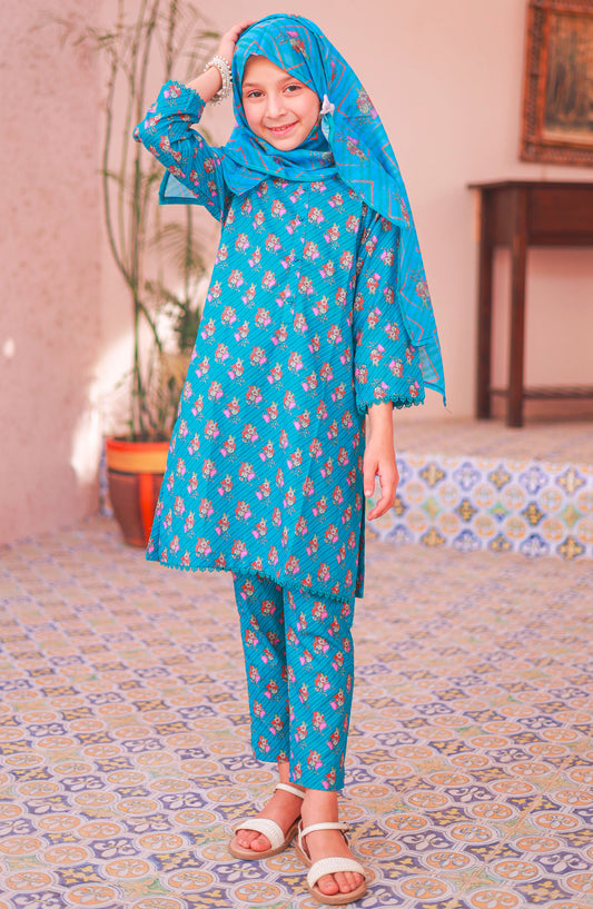 Shifa by Suntex Fabrics Printed Stitched 3 Piece Suit - SH-2515K - SS25SHLV4 - Blue - Girls Collection