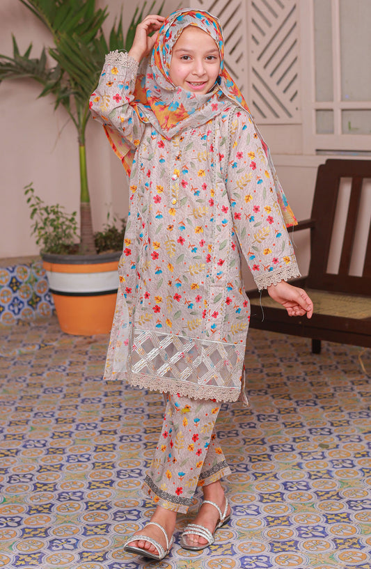 Shifa by Suntex Embroidered Lawn Stitched 3 Piece Suit - SH-2518K - SS25SHLC - Beige - Girls Summer Collection