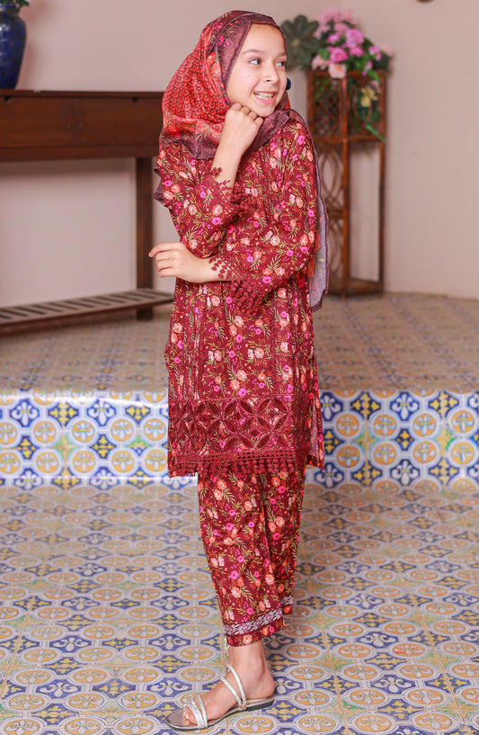 Shifa by Suntex Embroidered Lawn Stitched 3 Piece Suit - SH-2519K - SS25SHLC - Red - Girls Summer Collection