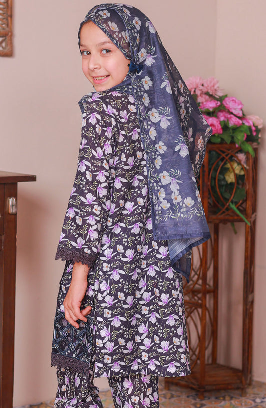 Shifa by Suntex Embroidered Lawn Stitched 3 Piece Suit - SH-2521K - SS25SHLC - Black - Girls Summer Collection