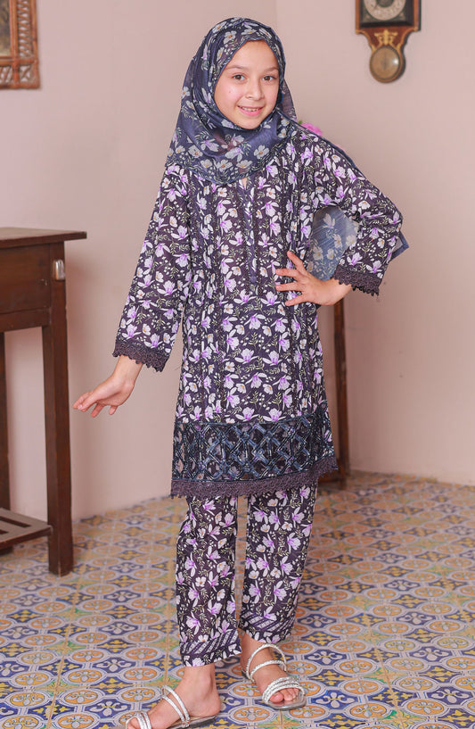 Shifa by Suntex Embroidered Lawn Stitched 3 Piece Suit - SH-2521K - SS25SHLC - Black - Girls Summer Collection