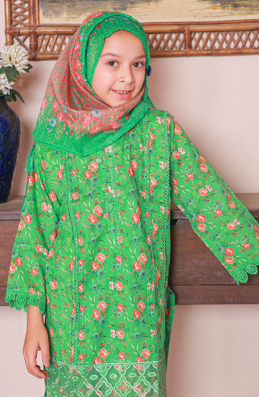 Shifa by Suntex Embroidered Lawn Stitched 3 Piece Suit - SH-2522K - SS25SHLC - Green - Girls Summer Collection