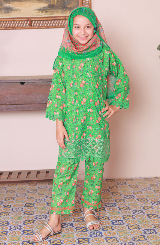 Shifa by Suntex Embroidered Lawn Stitched 3 Piece Suit - SH-2522K - SS25SHLC - Green - Girls Summer Collection