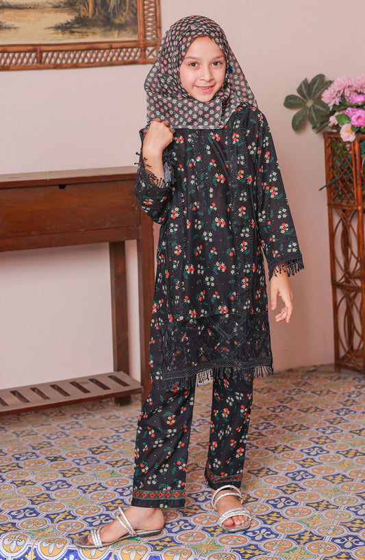 Shifa by Suntex Embroidered Lawn Stitched 3 Piece Suit - SH-2523K - SS25SHLC - Black - Girls Summer Collection