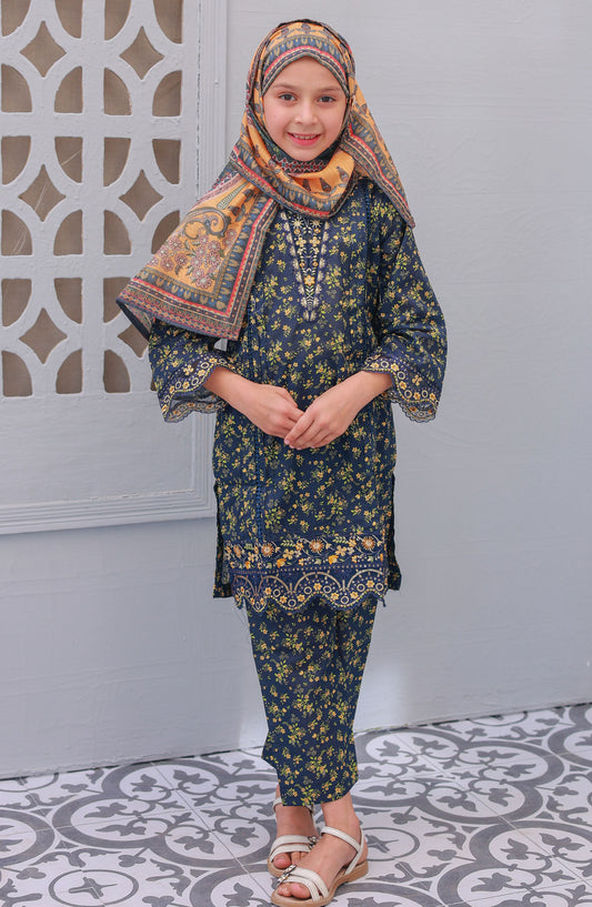 Shifa by Suntex Printed Chikankari Stitched 3 Piece Suit - SH-2531K - SS25SHE - Teal - Girls Summer Collection