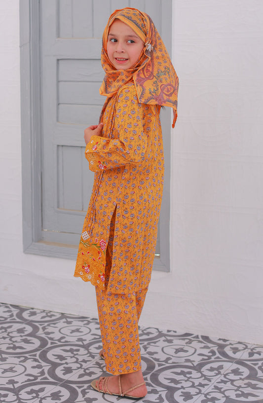 Shifa by Suntex Printed Chikankari Stitched 3 Piece Suit - SH-2532K - SS25SHE - Gold - Girls Summer Collection