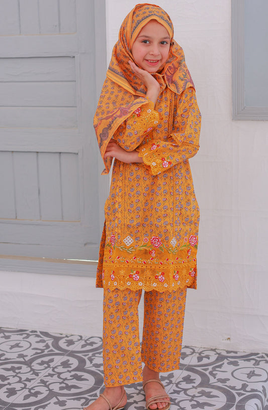 Shifa by Suntex Printed Chikankari Stitched 3 Piece Suit - SH-2532K - SS25SHE - Gold - Girls Summer Collection