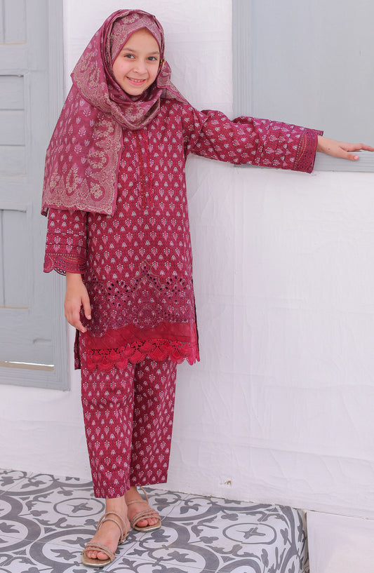 Shifa by Suntex Printed Chikankari Stitched 3 Piece Suit - SH-2533K - SS25SHE - Ruby - Girls Summer Collection