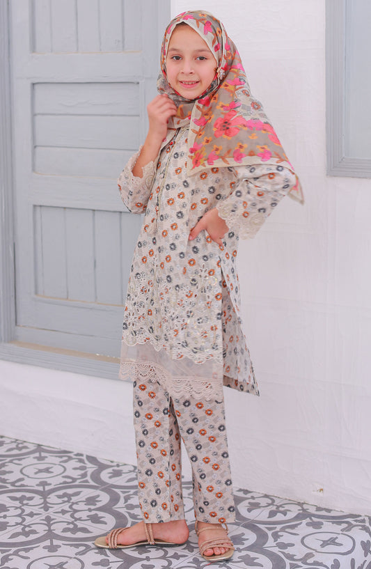 Shifa by Suntex Printed Chikankari Stitched 3 Piece Suit - SH-2534K - SS25SHE - Beige - Girls Summer Collection