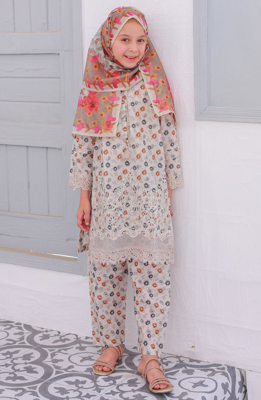 Shifa by Suntex Printed Chikankari Stitched 3 Piece Suit - SH-2534K - SS25SHE - Beige - Girls Summer Collection