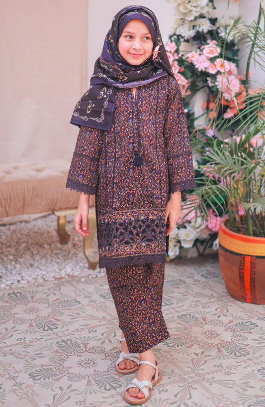 Shifa by Suntex Fabrics Printed Lawn Stitched 3 Piece Suit - SH- 2507K - SS25SH - Plum - Girls Collection