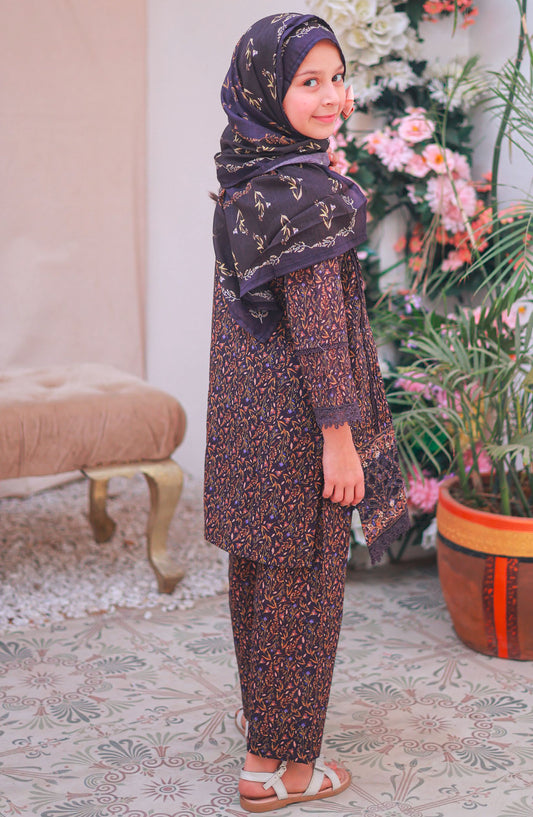 Shifa by Suntex Fabrics Printed Lawn Stitched 3 Piece Suit - SH- 2507K - SS25SH - Plum - Girls Collection