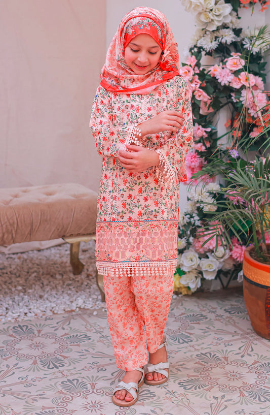 Shifa by Suntex Fabrics Printed Lawn Stitched 3 Piece Suit - SH- 2508K - SS25SH - Peach - Girls Collection