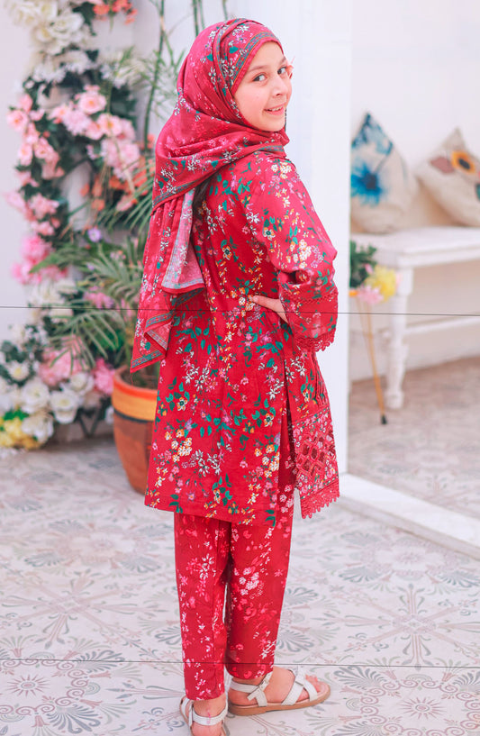 Shifa by Suntex Fabrics Printed Lawn Stitched 3 Piece Suit - SH- 2509K - SS25SH - Ruby - Girls Collection