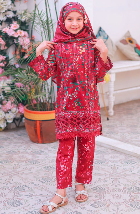Shifa by Suntex Fabrics Printed Lawn Stitched 3 Piece Suit - SH- 2509K - SS25SH - Ruby - Girls Collection