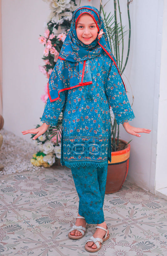 Shifa by Suntex Fabrics Printed Lawn Stitched 3 Piece Suit - SH- 2510K - SS25SH - Azure - Girls Collection
