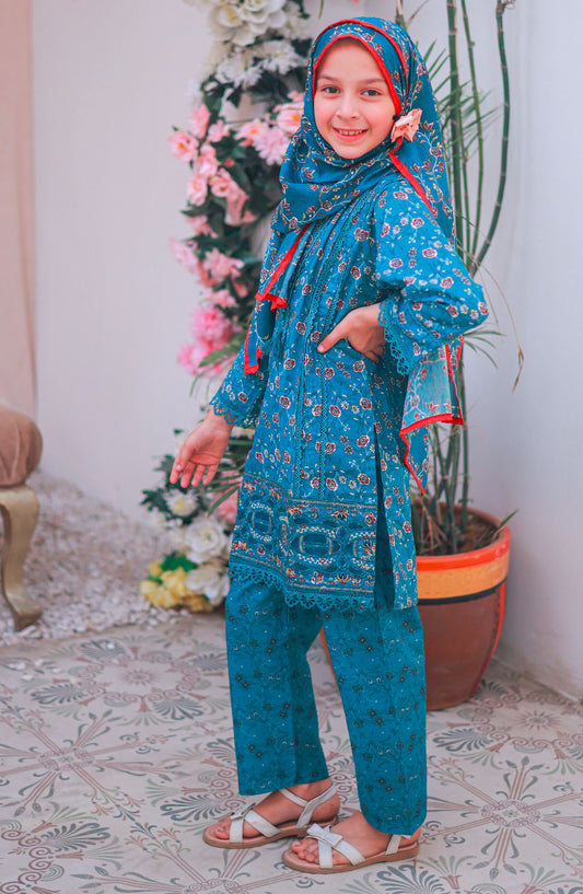 Shifa by Suntex Fabrics Printed Lawn Stitched 3 Piece Suit - SH- 2510K - SS25SH - Azure - Girls Collection