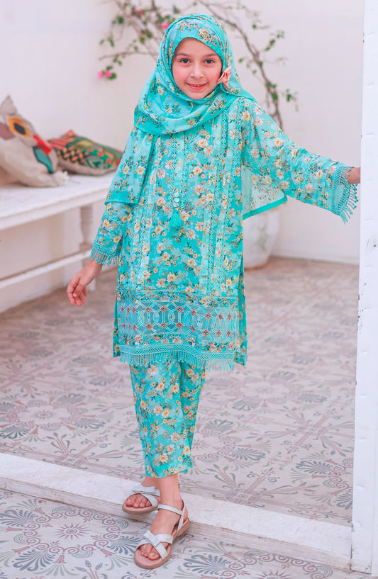 Shifa by Suntex Fabrics Printed Lawn Stitched 3 Piece Suit - SH- 2511K - SS25SH - Torquoise - Girls Collection