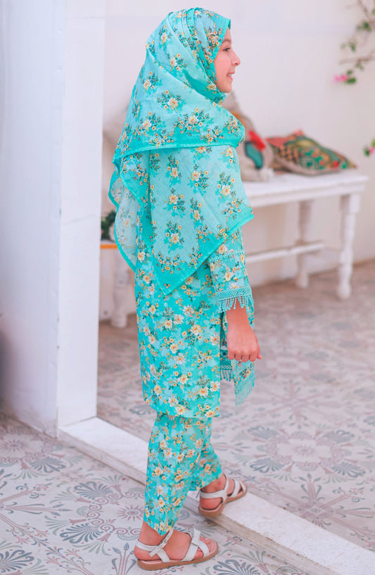 Shifa by Suntex Fabrics Printed Lawn Stitched 3 Piece Suit - SH- 2511K - SS25SH - Torquoise - Girls Collection
