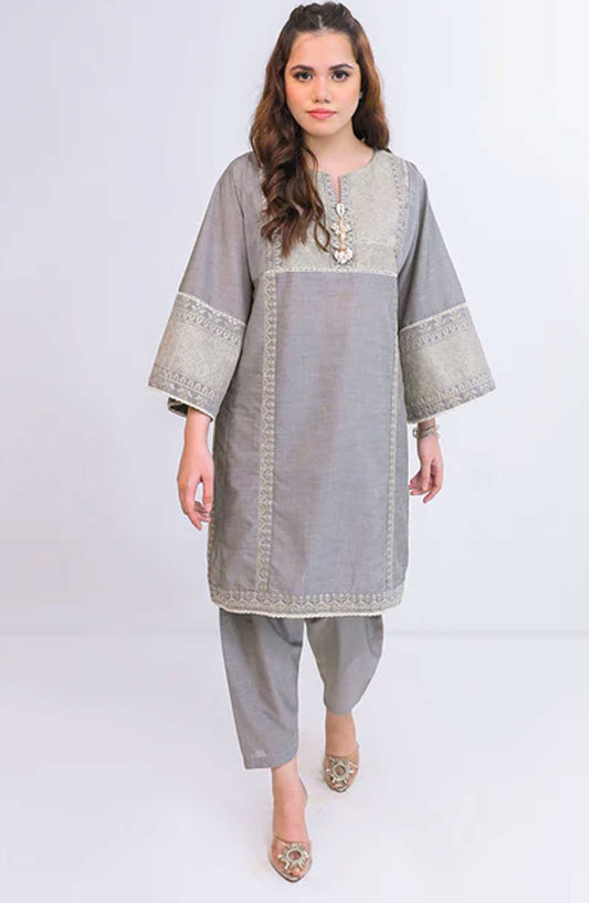 Ayla Studio Co-ords Chambray Stitched 2 Piece - Shafaq - AS25CO - Grey - Casual Collection