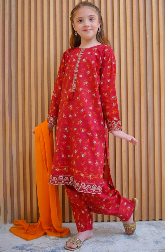 Shanzey Embroidered Lawn Stitched 3 Piece Suit - SHK-4426 Red - SHZ25LFE - Red - Girls Collection