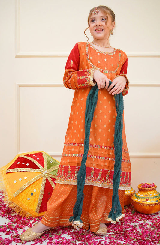 Shanzey Embroidered Raw Silk Stitched 3 Piece Suit - SHK-4506 - SHZ25SHES - Orange - Festive Collection